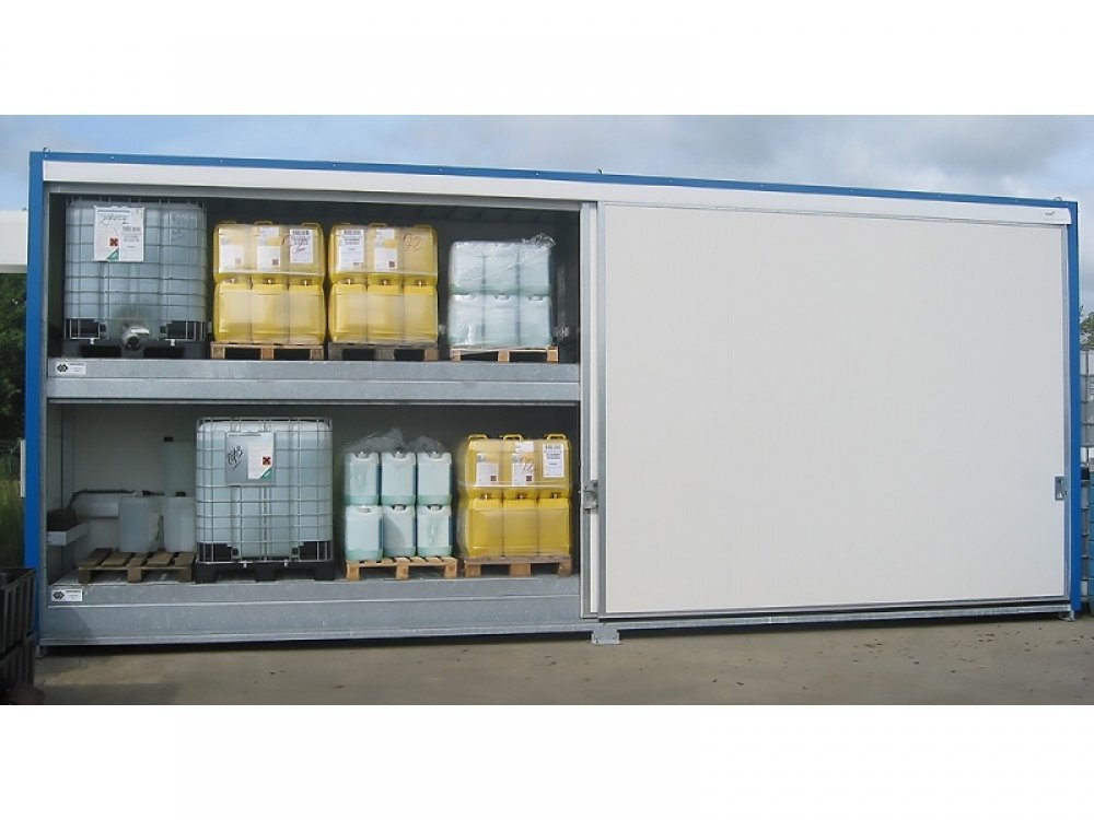 Conteneur de stockage extérieur 8 m – 2 niveaux – avec portes coulissantes – Rétention 6000 L